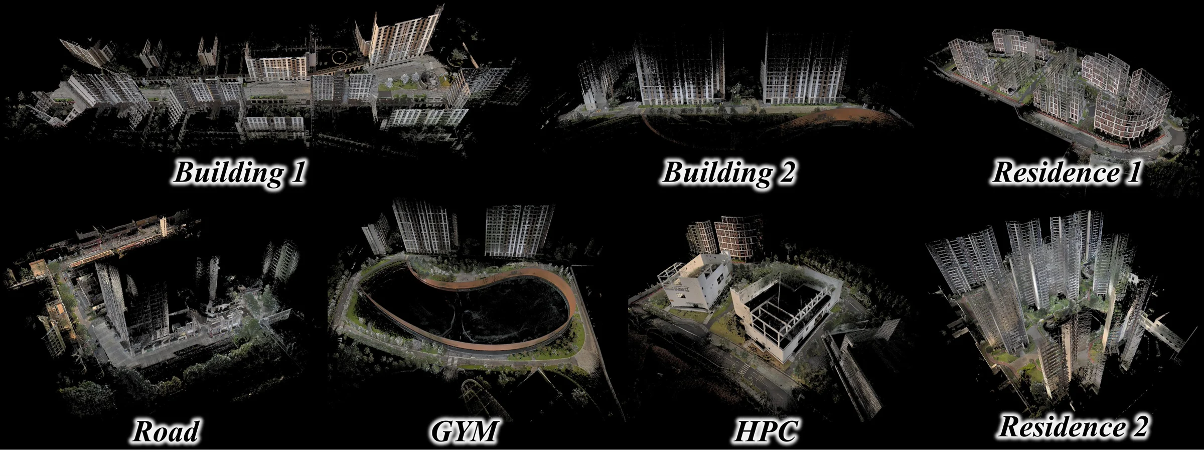 LiDAR reference point clouds for the seven PanoRecon scenes